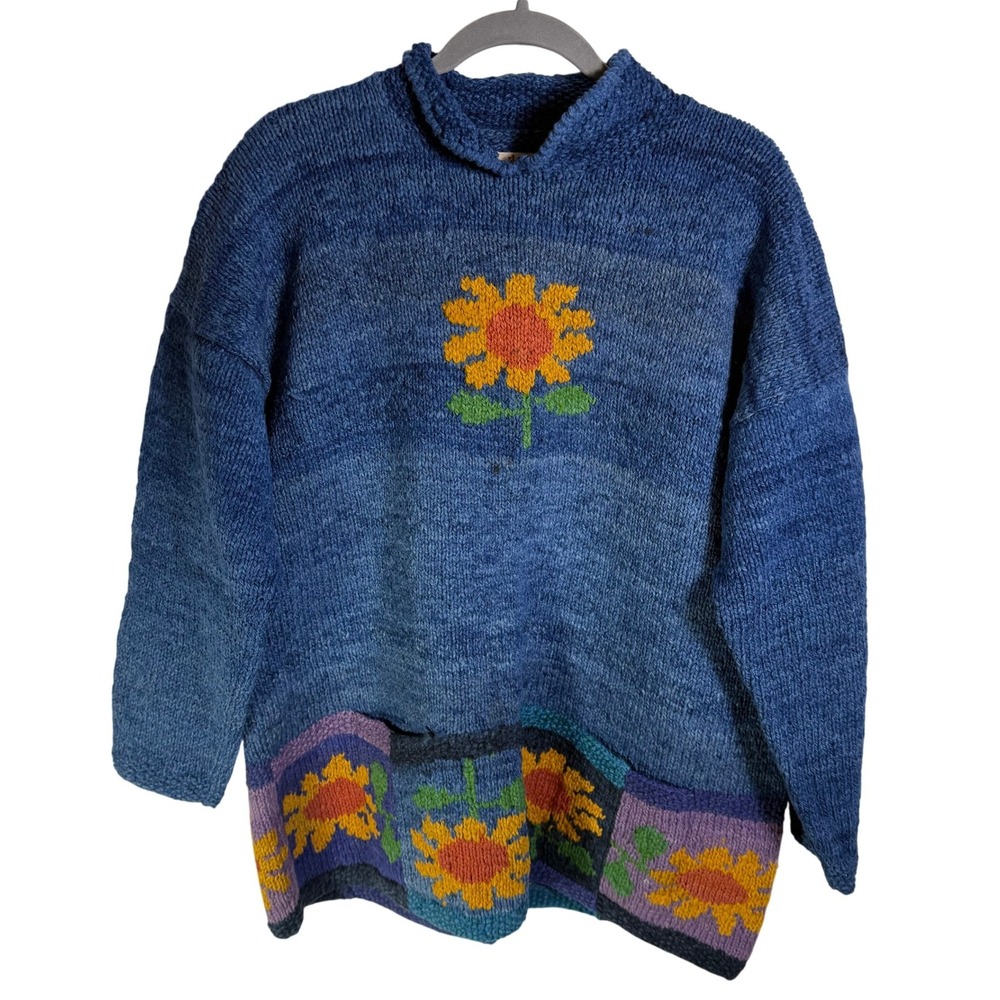 Toshy Wooly-Wolly 100% Wool Sunflower Knit Sweater Blue Mock Neck Pockets